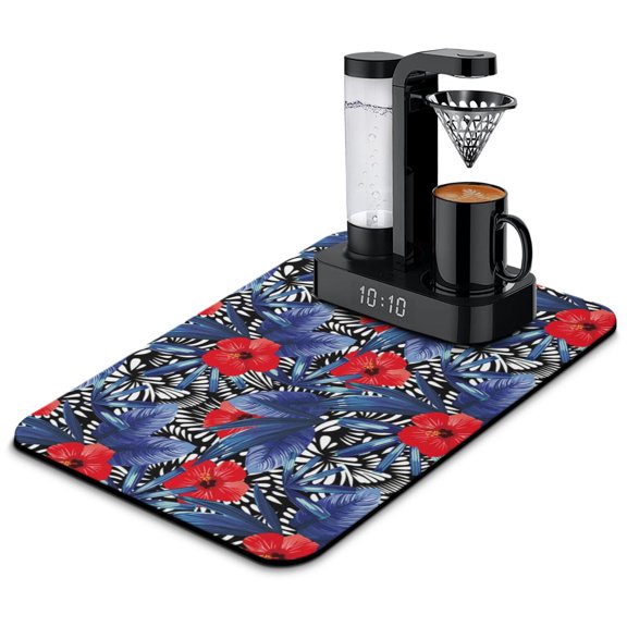 Hawaiian Hibiscus Coffee Bar Mat - Eco-Friendly Absorbent Mat with Non-Slip Base, Multi-Use for Kitchen, Office, or Pet Bowls, Jungle Leaves Design