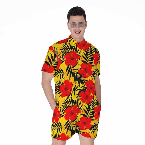 Hawaiian Hibiscus Flowers Pattern Short Sleeve Men'S Rompers, Aloha Tropical Hawaiian Casual Summer Jumpsuits Outfit