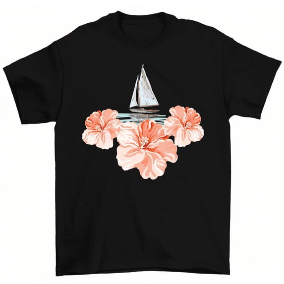Hawaiian Hibiscus Flowers Sailboat T-Shirt Boating Tropical Summer Vacation Tee