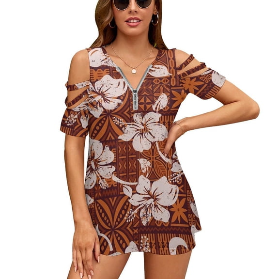 Hawaiian Hibiscus Flowers Womens Summer V Neck Zipper Top Short Sleeve T Shirt Off Shoulder Top Casual Classy Loose Shirts