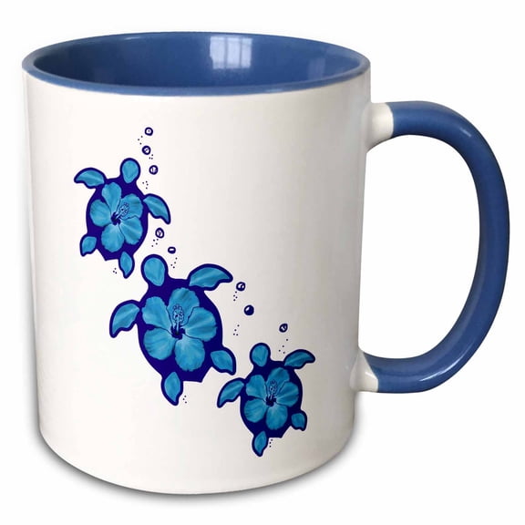 3drose, Hawaiian Honu Sea Turtles Island Design with Tropical Flower Shells, 15oz Two-tone Blue Mug