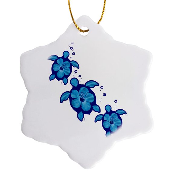 3drose, Hawaiian Honu Sea Turtles Island Design with Tropical Flower Shells, 3 inch Snowflake Porcelain Ornament