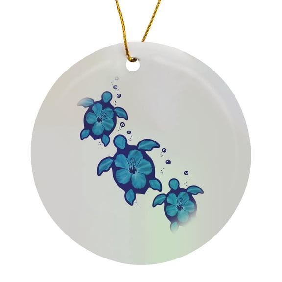 3drose, Hawaiian Honu Sea Turtles Island Design with Tropical Flower Shells, Circle Porcelain Ornament