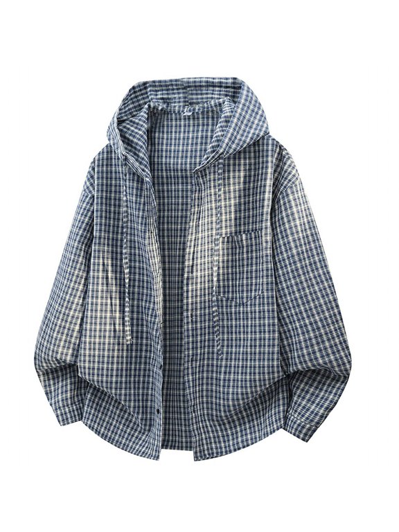 Hawaiian Hoodie Jacket for Men Plaid Long Sleeve Drawstring with Pocket Baggy Fashion Fall Top Dad Gifts