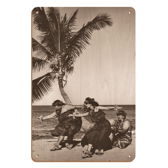 Hawaiian Hula Beach Dancers - Vintage Sepia Toned Photograph by Alan Houghton c.1960s - 8 x 12 inch Vintage Wood Art Sign