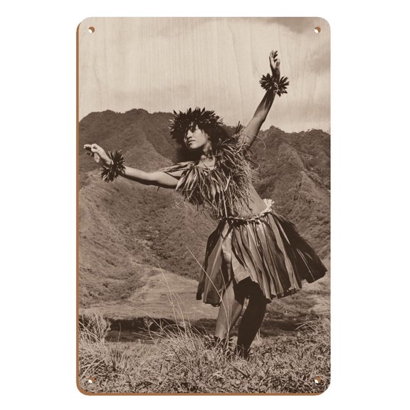 Hawaiian Hula - Dance To Aina (The Land) III - Vintage Sepia Toned Photograph by Alan Houghton c.1960s - 8 x 12 inch Vintage Wood Art Sign