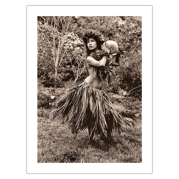 Hawaiian Hula Dancer Ipu (Gourd Drum) IV - Vintage Sepia Toned Photograph by Alan Houghton c.1960s - Bamboo Fine Art 290gsm Paper Print (Unframed) 24x32in