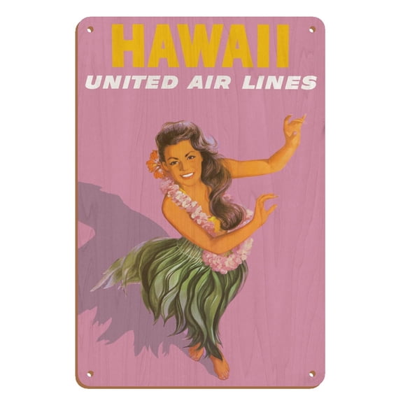 Hawaiian Hula Dancer - United Air Lines - Vintage Hawaiian Travel Poster by Stan Galli c.1960s - 8 x 12 inch Vintage Wood Art Sign