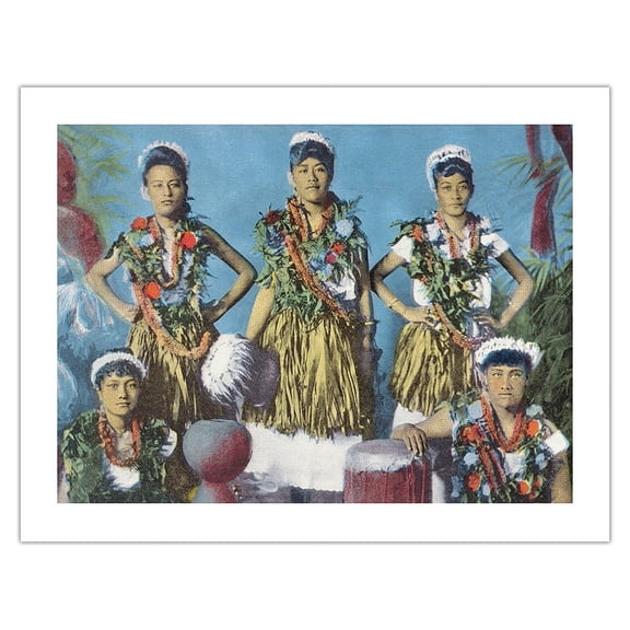 Hawaiian Hula Dancers - Vintage Hand Colored Postcard c.1900 - Bamboo Fine Art 290gsm Paper (Unframed) 17x22in
