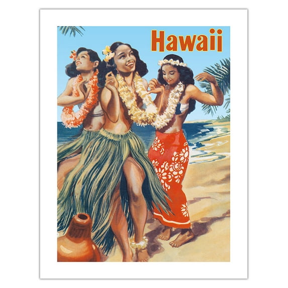 Hawaiian Hula Dancers on the Beach - Vintage Advertising Poster c.1950s - Bamboo Fine Art 290gsm Paper (Unframed) 17x22in