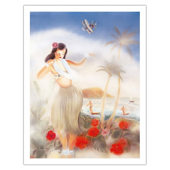 Hawaiian Hula Girl - From an Original Color Painting by Yu Yuu Shirofani - Fine Art Matte Paper Print (Unframed) 20x26in