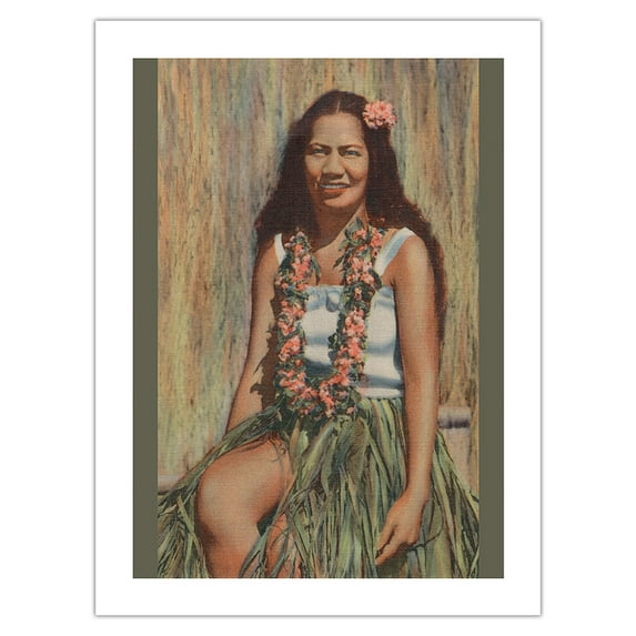 Hawaiian Hula Girl - Lei Flowers - Vintage Hawaiian Travel Brochure c.1943 - Bamboo Fine Art 290gsm Paper (Unframed) 12x16in