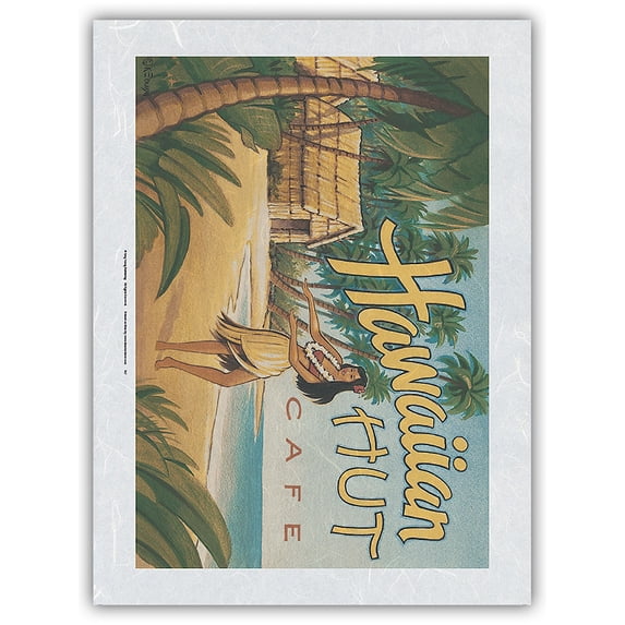Hawaiian Hut Cafe - Hawaii Hula Dancer - Vintage Hawaiian Travel Poster by Kerne Erickson - Japanese Unryu Rice Paper Art Print (Unframed) 12 x 16 in