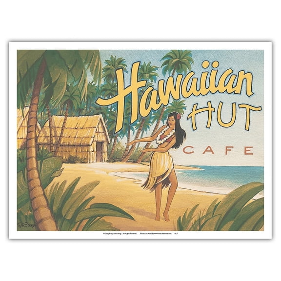 Hawaiian Hut Cafe - Hawaii Hula Dancer - Vintage Hawaiian Travel Poster by Kerne Erickson - Master Art Print (Unframed) 9in x 12in