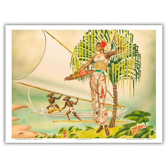 Hawaiian Island Beauty - Vintage Hawaiian Airbrush Art by Gill c.1940s - Master Art Print (Unframed) 9in x 12in