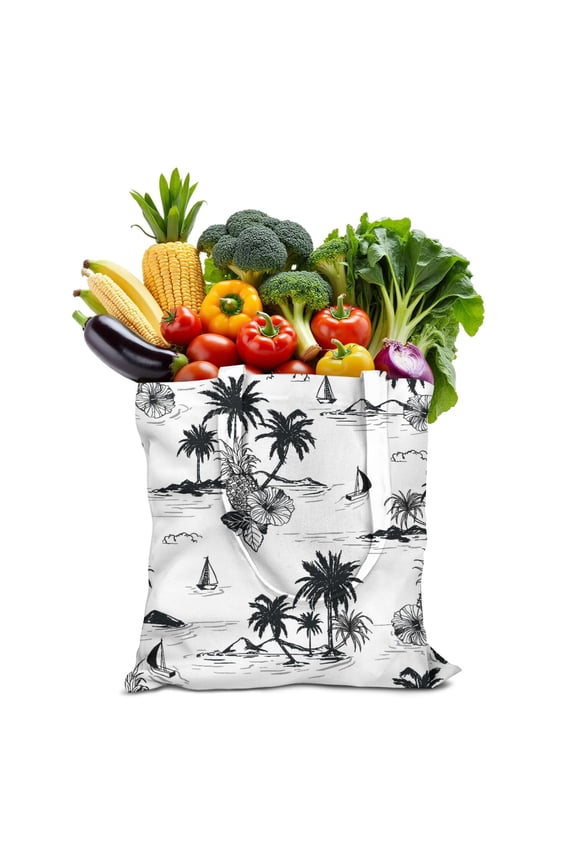 Hawaiian Island Classic Canvas Shopping Bag, Reusable Aloha Print Tote, Eco-Friendly Coastal Paradise Handbag for Women, Lightweight and Foldable