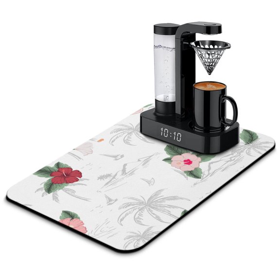 Hawaiian Island Classic Coffee Maker Mat - Hawaiian Beach Landscape Absorbent Mat for Espresso Machines, Exotic Boho Theme, 4-Layer Construction