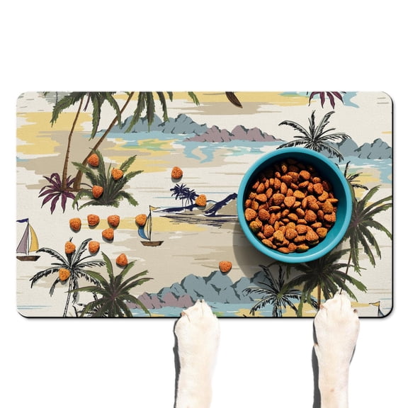 Hawaiian Island Classic Pet Food Mat - Absorbent Non-Slip Dog Feeding Mat - Waterproof Placemat - Beach Vacation Design - Easy to Clean
