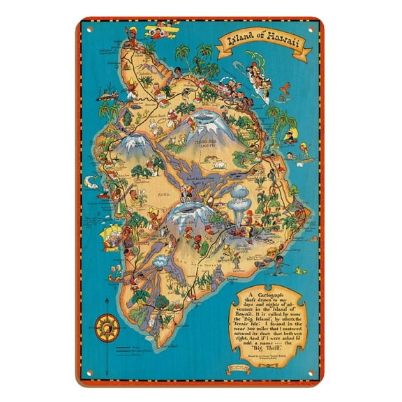 Hawaiian Island of Hawaii (Big Island) Map - Hawaii Tourist Bureau - Vintage Hawaiian Colored Cartographic Map by Ruth Taylor White c.1941 - 8 x 12 inch Vintage Wood Art Sign