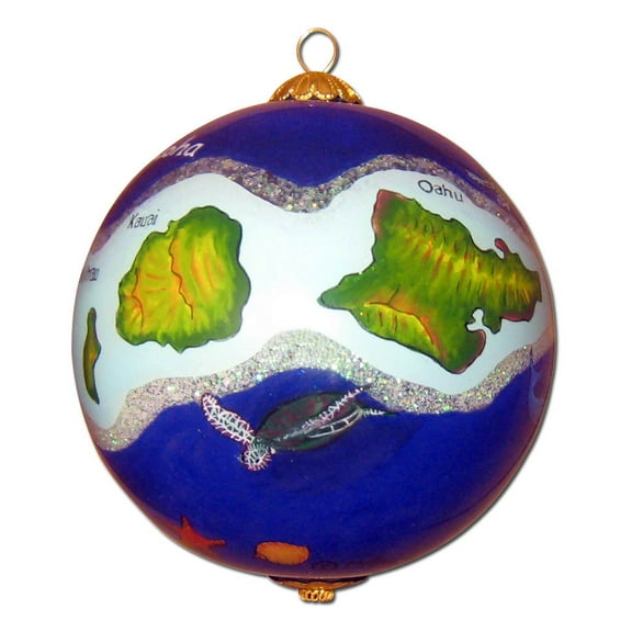 Hawaiian Islands Christmas Ornament with Gift Box, Collectible, Hand-Painted from Inside the Glass