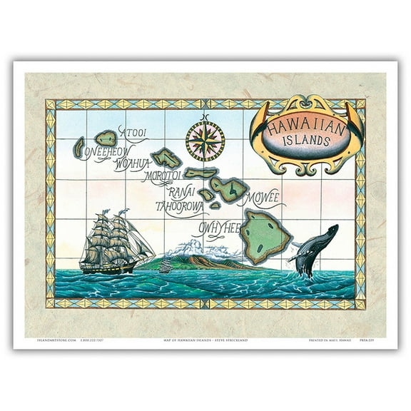 Hawaiian Islands Map - Vintage Hawaiian Colored Cartographic Map by Steve Strickland - Master Art Print (Unframed) 9in x 12in