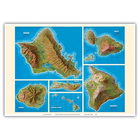 Hawaiian Islands - Oahu Kauai Maui Molokai Hawaii - Shell Oil Company - Vintage Map c.1956 - Master Art Print 10in x 14in