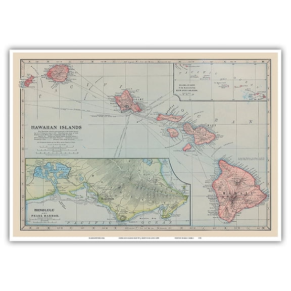 Hawaiian Islands - Pearl Harbor Honolulu - Vintage Map by J. Martin Miller c.1899 - Master Art Print 10in x 14in