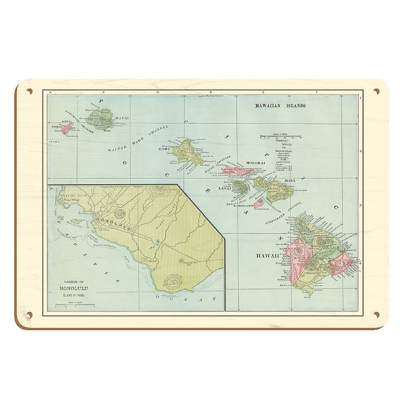 Hawaiian Islands - Sandwich Islands - Harbor of Honolulu - Vintage Colored Cartographic Map c.1899 - 8 x 12 inch Vintage Wood Art Sign