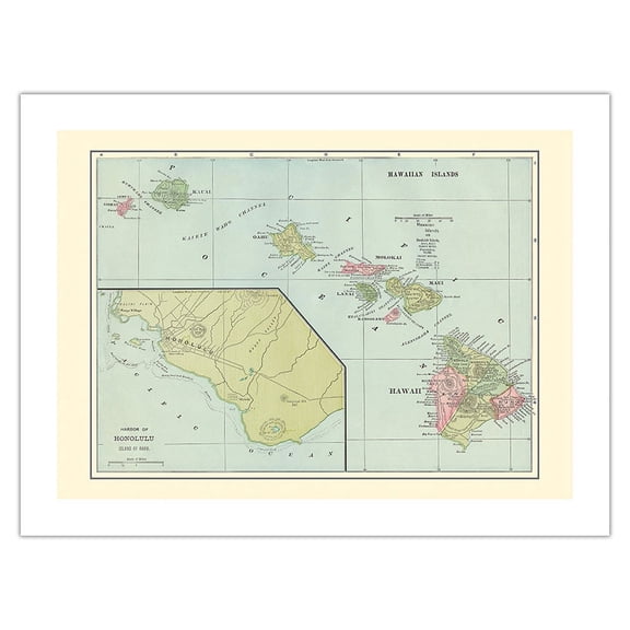 Hawaiian Islands - Sandwich Islands - Harbor of Honolulu - Vintage Colored Cartographic Map c.1899 - Fine Art Matte Paper Print (Unframed) 18x24in
