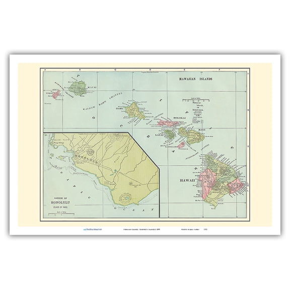 Hawaiian Islands - Sandwich Islands - Harbor of Honolulu - Vintage Colored Cartographic Map c.1899 - Master Art Print (Unframed) 12in x 18in