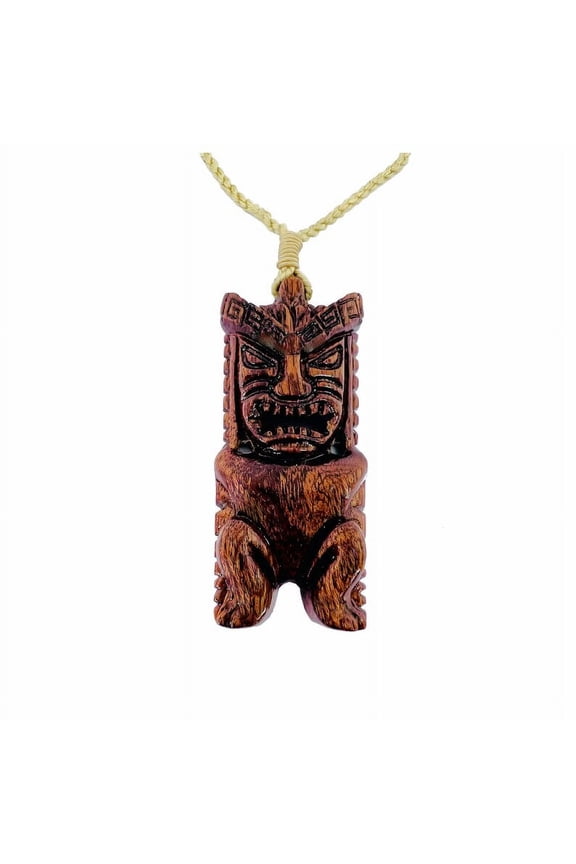 Hawaiian Jewelry Hand Carved Koa Wood Tiki God Ku Pendant Necklace from Maui, Hawaii