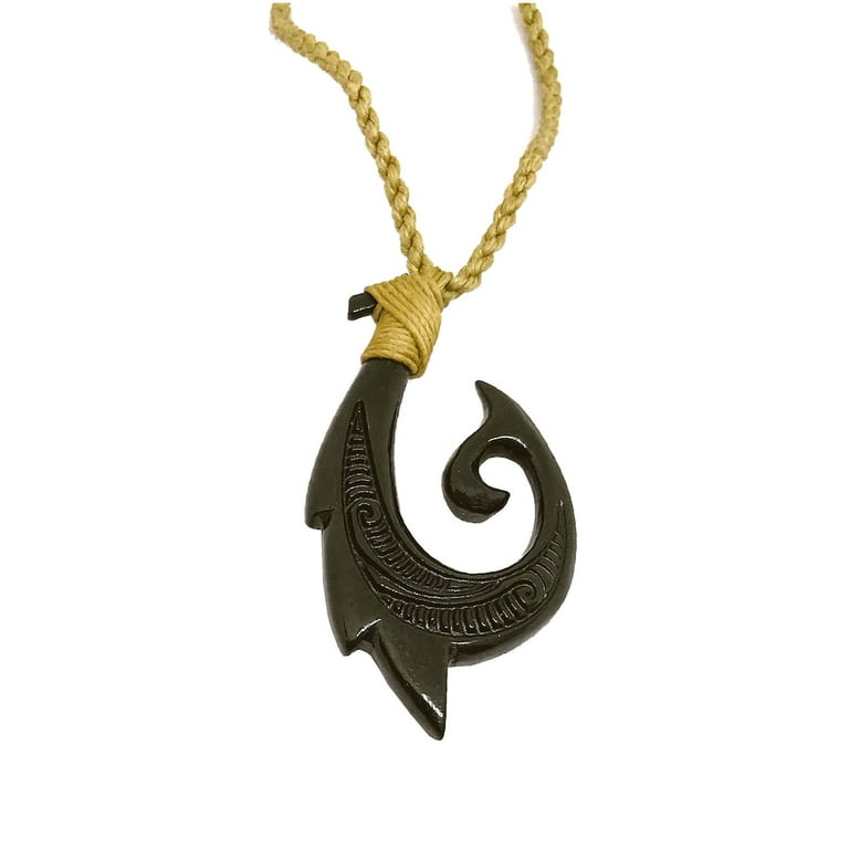 Hawaiian Jewelry Hand Carved Narrow Black Hawaiian Bone Fish Hook Pendant  From Maui Hawaii