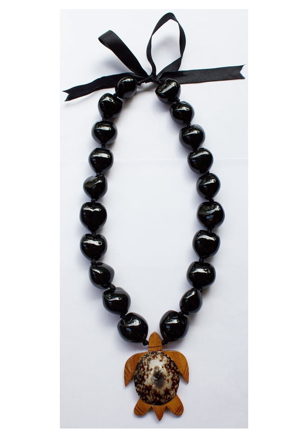 Hawaiian Black Kukui Nut Lei Necklace, Sea-Shell Turtle Choker