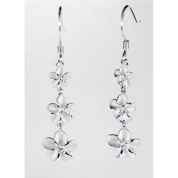 Hawaiian Jewelry Sterling Silver 3 Plumeria Flower with Clear Crystal Hook Earring