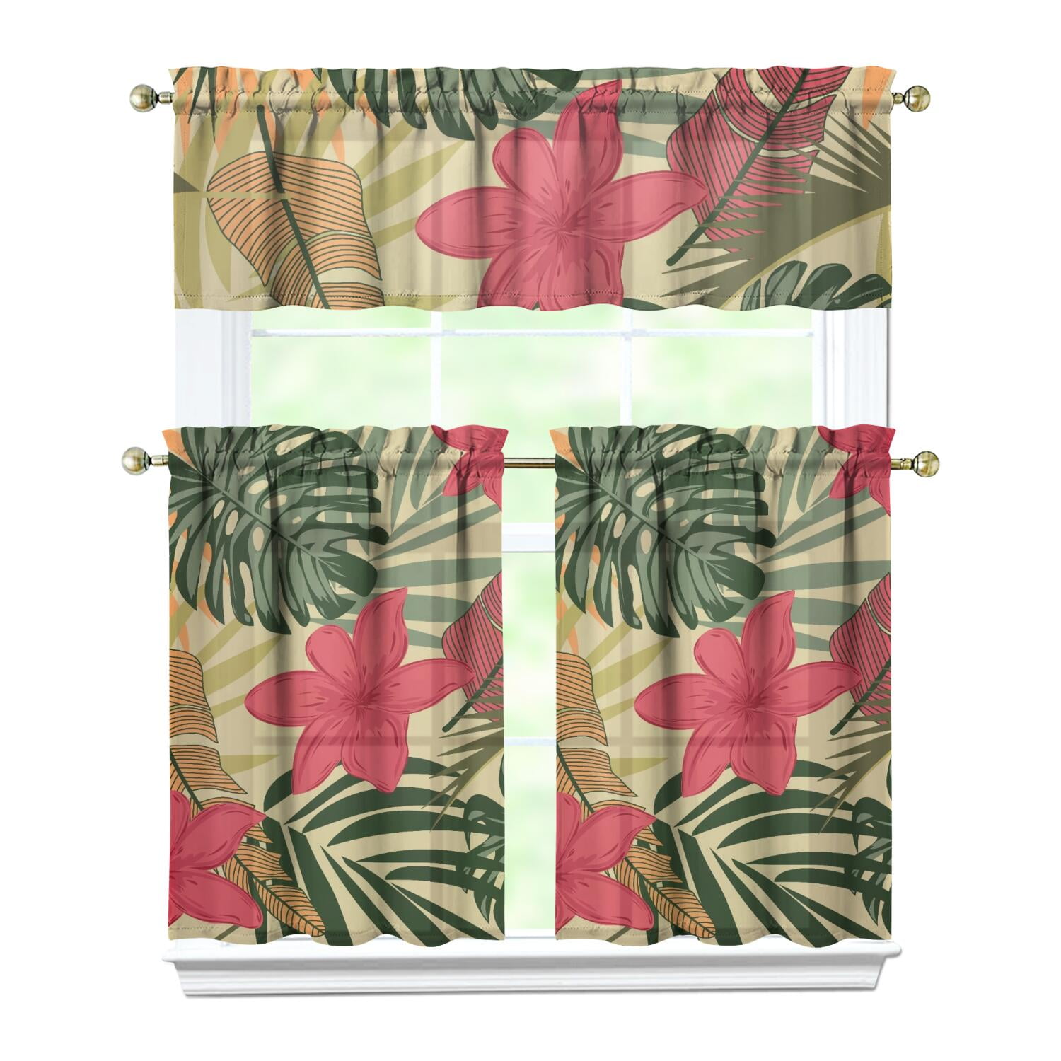 Hawainn Pattern Window Hawaiian Jungle Floral Kitchen Curtain Set, 3PCS 27.5x36in Polyester ...