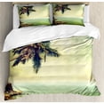 thumbnail image 1 of Hawaiian King Size Duvet Cover Set, Palm Tree Rocky Shore Caribbean Mist Traveling Resort Scenic, Decorative 3 Piece Bedding Set with 2 Pillow Shams, Almond Green Pale Yellow Brown, by Ambesonne, 1 of 3