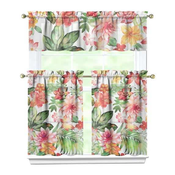 Hawaiian Kitchen Curtains Set 3PCS, 27.5x36in Polyester Tropical Flower Tier and Valance, Botanical Short Window Drapes for Home Décor