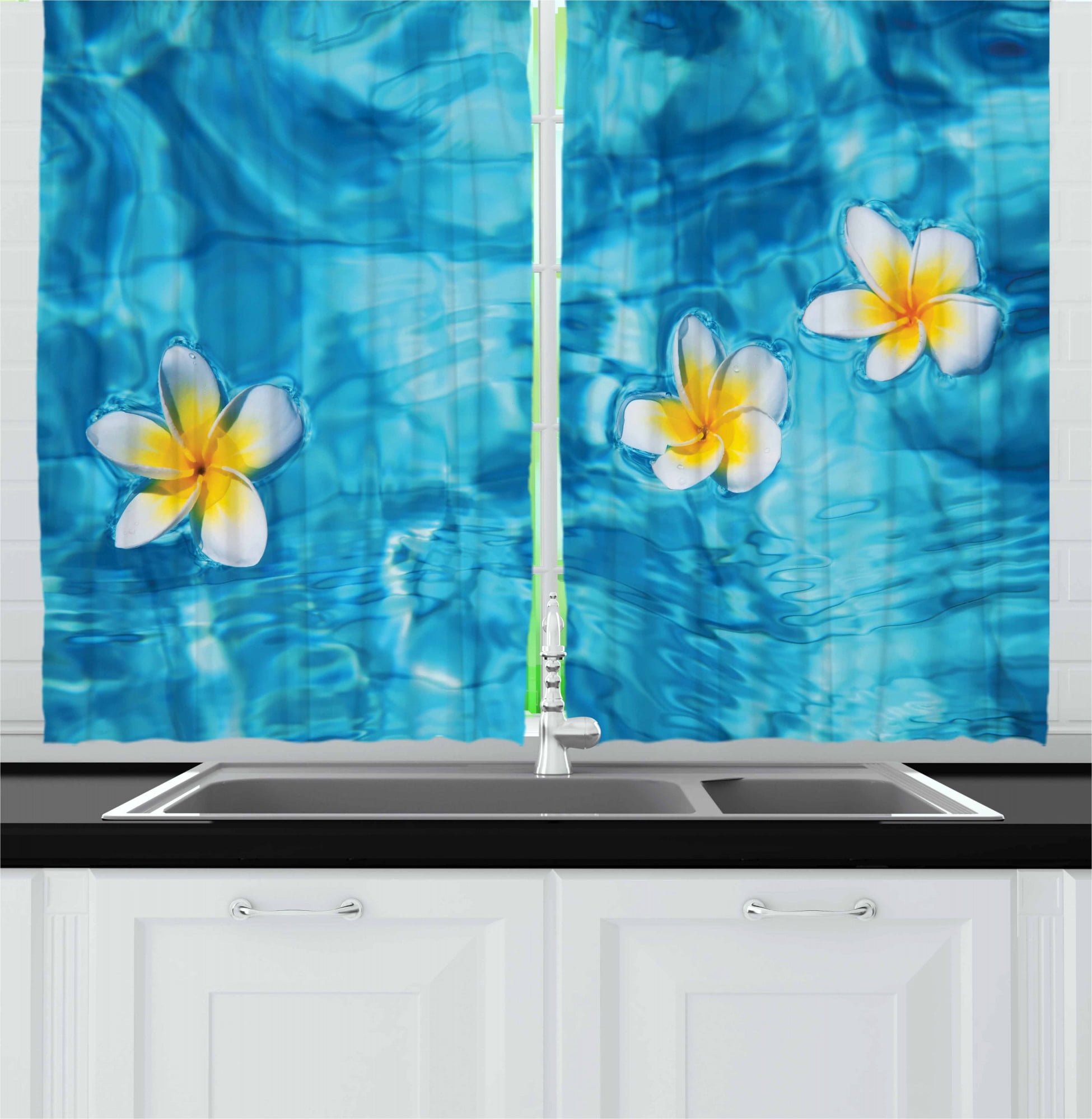 Hawaiian Kitchen Curtains, Tropical Frangipani Flower Floating in Water