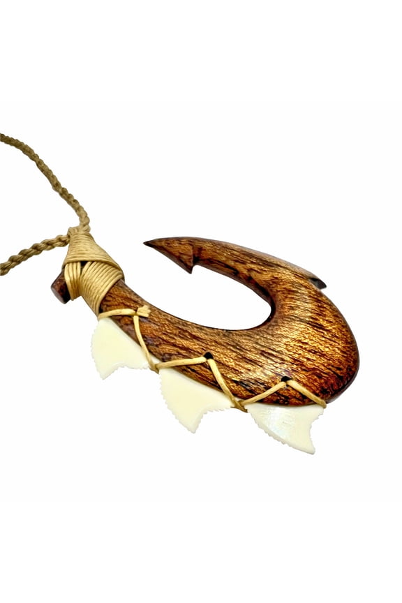 Hawaiian Koa Wood Fish Hook White Shark Teeth Necklace