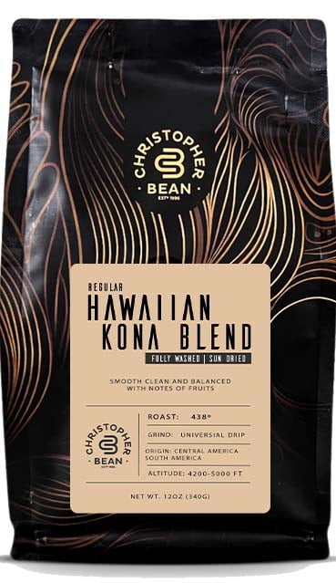 Christopher Bean Coffee - Hawaiian Kona Blend Coffee, (Regular Ground) 100% Arabica, No Sugar, No Fats, Made with Non-GMO Flavorings, 12-Ounce Bag of Regular Ground coffee.