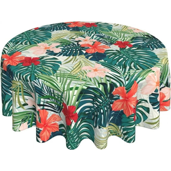 Hawaiian Leaf Round Tablecloth Summer Tropical Palm Leaves Table Cloths Floral Circular Table Cover Waterproof Wipeable Tabletop Decor for Dining Kitchen Camping Picnic Party 60 Inch