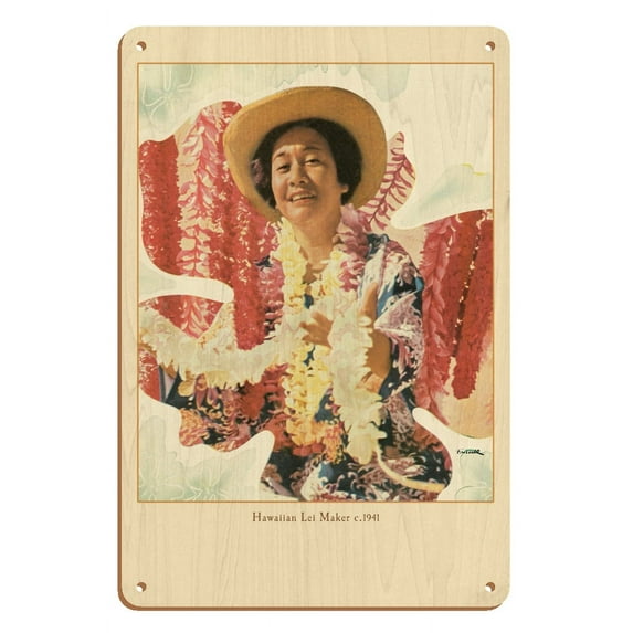 Hawaiian Lei Maker - Vintage Travel Poster by Toni Frissel c.1941 - 8 x 12 inch Vintage Wood Art Sign