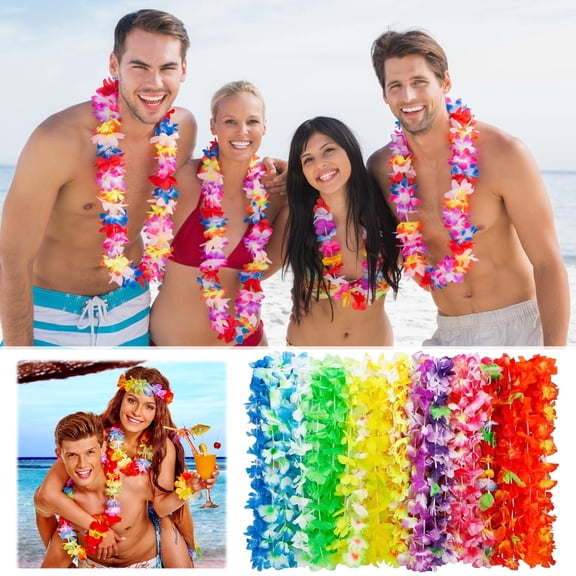 Hawaiian Lei Necklaces Assorted Color Flower Leis for Luau, Beach and Pool Party Decorations, Tropical Summer Party Favors Polyester Set