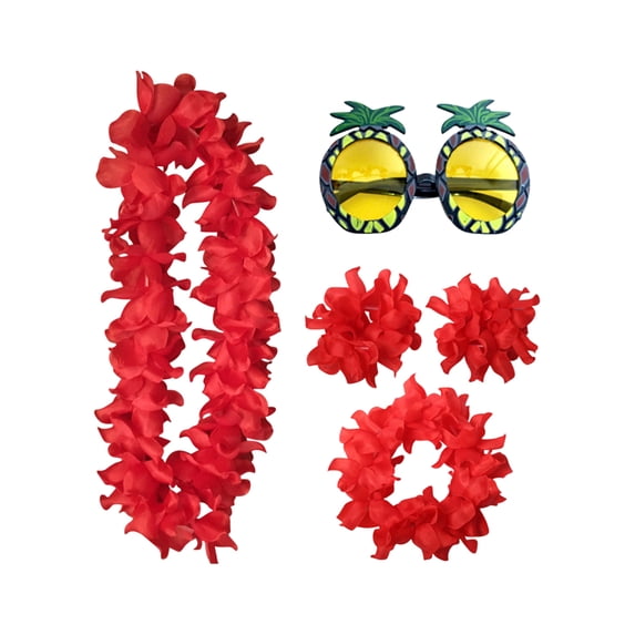 Hawaiian Lei Set, Luau Party Supplies Tropical Party Favors Summer Beach Holiday Party Decorations Dress Up Accessories with Sunglasses Headb&, 5 Pcs, Red