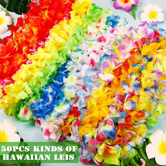 Hawaiian Leis Bulk Luau Party Silk Flower Necklace Colorful Tropical Hawaiian Bulk Hula Dance Party Decor Flower Leis Summer Beach Pool Party Decorations Favors Supplies