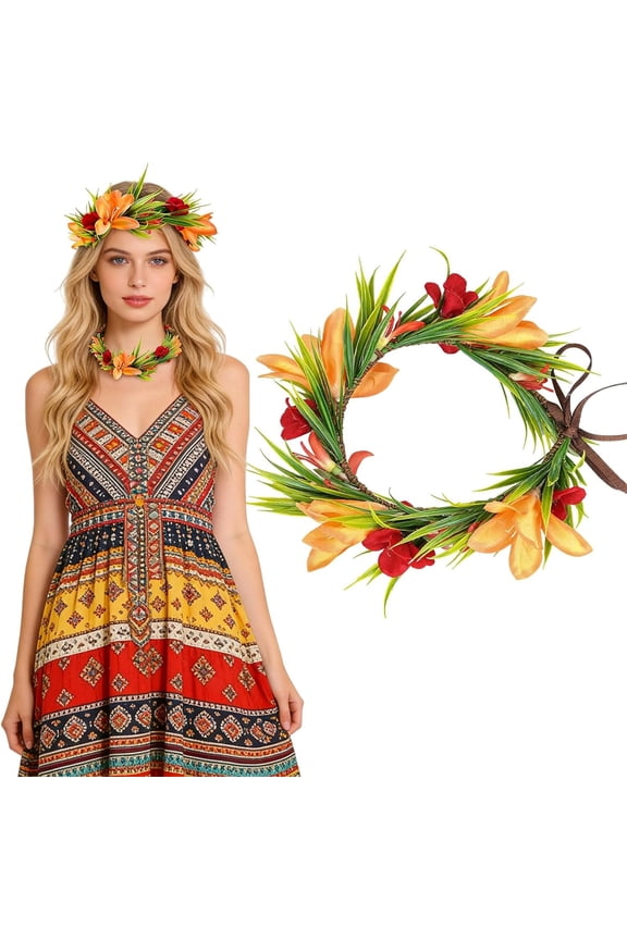 Hawaiian Leis Flower Crown, Adjustable Tropical Flower Headpiece Hawaii Floral Headband with Ribbon Lei Luau Dress Up Hair Accessories for Luau Party Costume Beach Dance Pool