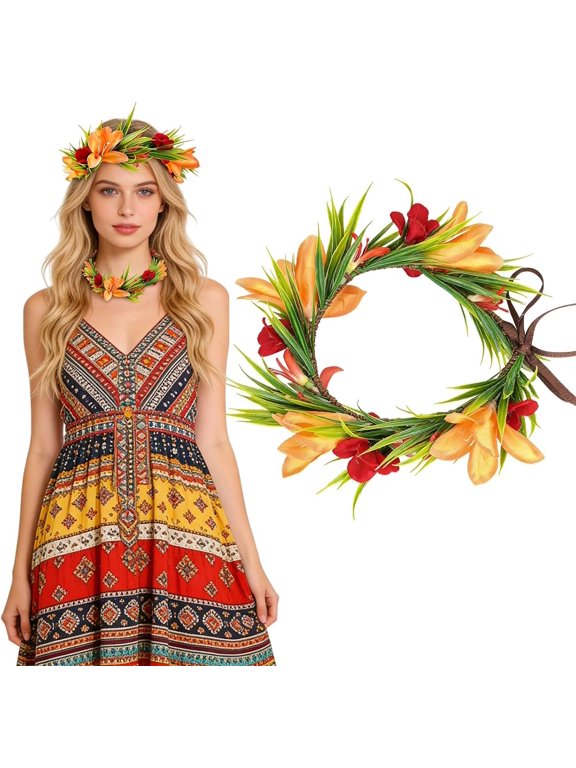 Hawaiian Leis Flower Crown, Adjustable Tropical Flower Headpiece Hawaii Floral Headband with Ribbon Lei Luau Dress Up Hair Accessories for Luau Party Costume Beach Dance Pool