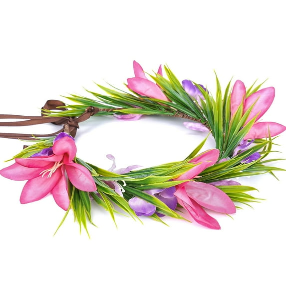 Hawaiian Leis Flower Crown - Tropical Floral Headband Artificial Hawaii Floral Headpiece with Ribbon Lei Luau Dress Up Accessory for Girls Women Summer Beach Pool Party Decorations