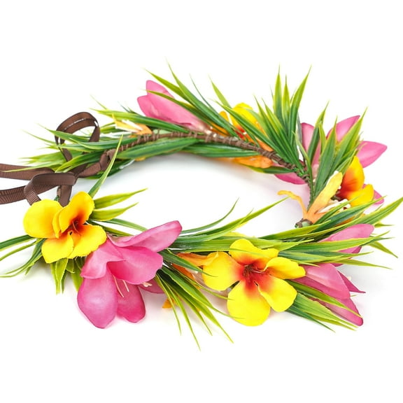Hawaiian Leis Flower Crown - Tropical Floral Headband Artificial Hawaii Floral Headpiece with Ribbon Lei Luau Dress Up Accessory for Girls Women Summer Beach Pool Party Decorations
