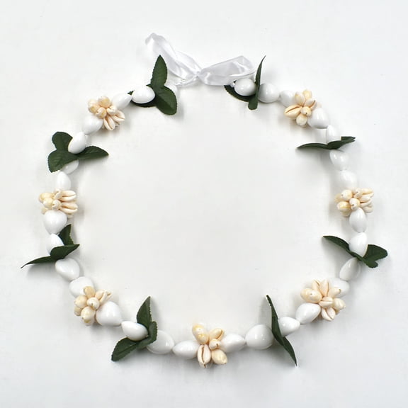 Hawaiian Leis Kukui Nut Beads Necklace Cowrie Shell Flowers Leaves Graduation Luau Beach Wedding Party 59 inch Adjustable